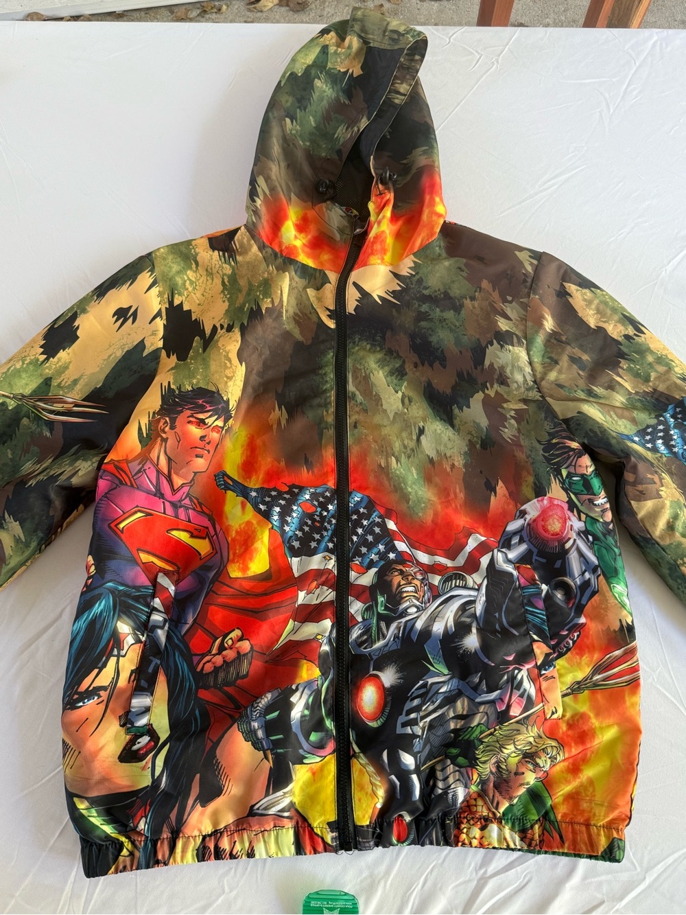 DC Comics Justice League Allover Print Windbreaker Hoodie Jacket Size Large EUC